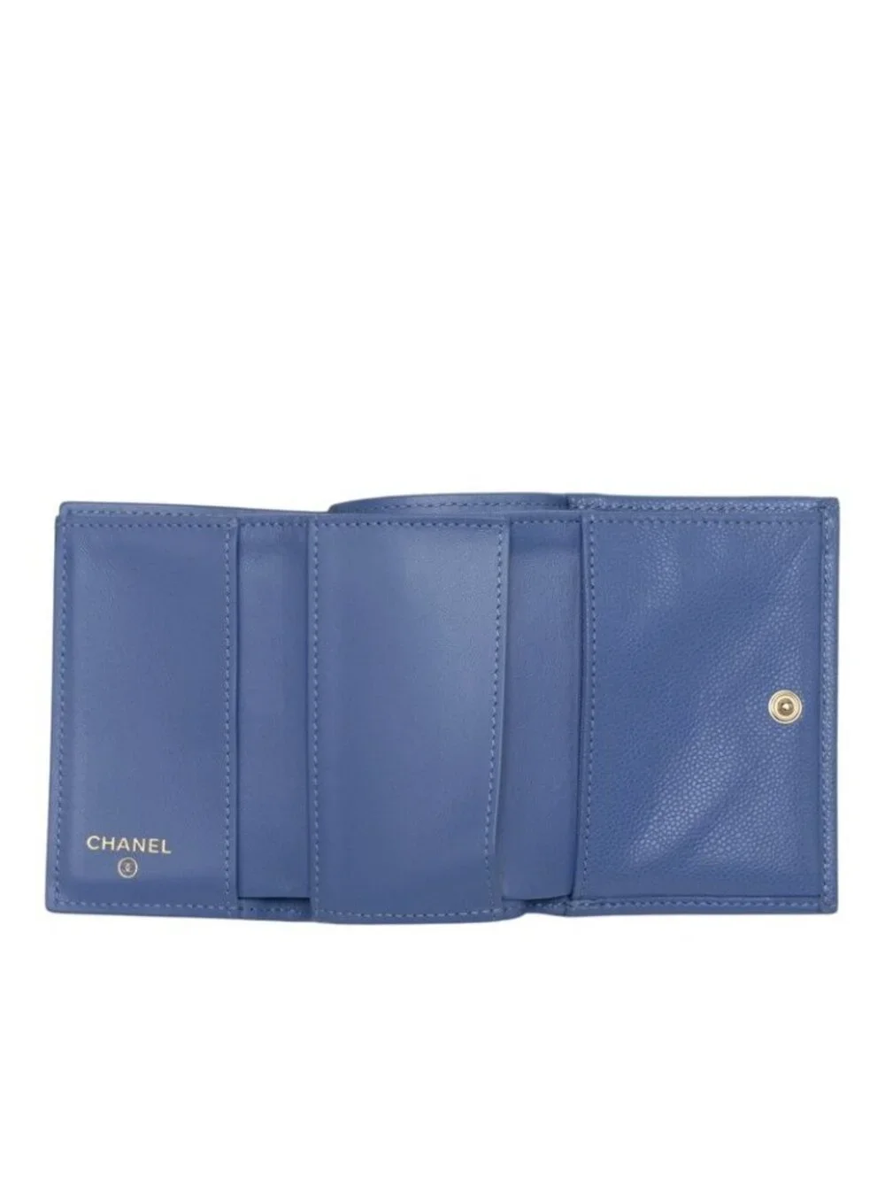 Chanel CC Logo Quilted Trifold Wallet Compact Blue Gold Caviar Leather